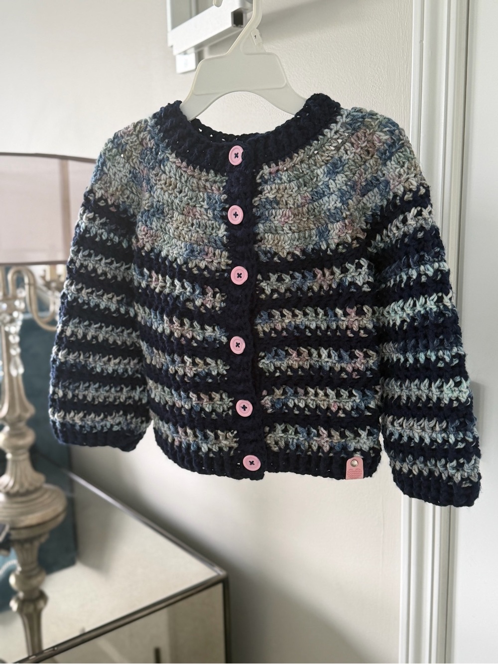 Navy & Multicolor Crochet Kids Cardigan with Pink Buttons